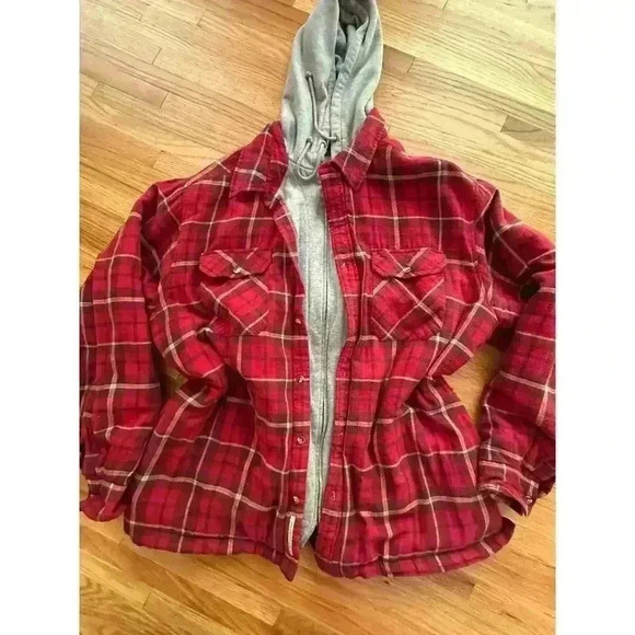 Vintage Insulated Red Flannel Jacket w Hood Fall adventure granola girl l SZ XL - Picture 2 of 8